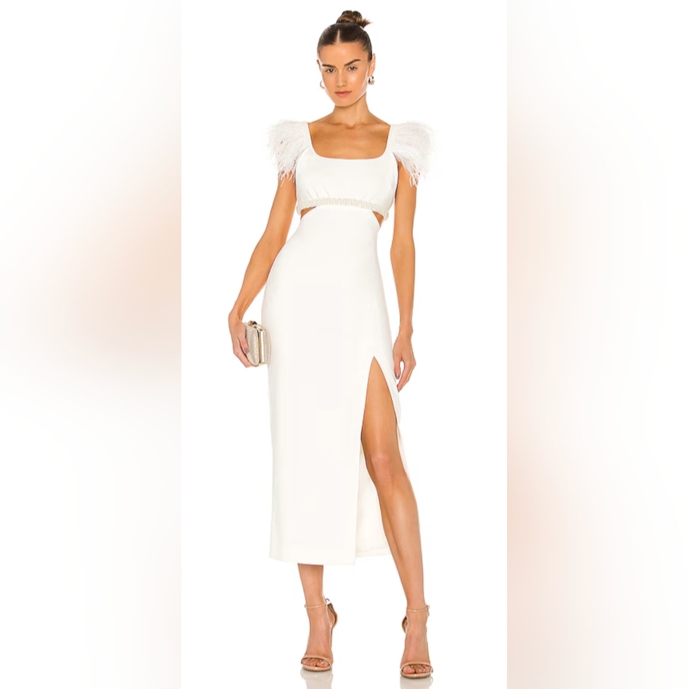 Likely Taliah Feather Embellished Cut-Out Midi Dress White Size 10  New NWT
